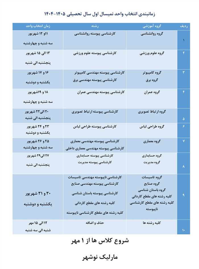 زمانبندی انتخاب واحد نیمسال اول سال تحصیلی ۱۴۰۵-۱۴۰۴